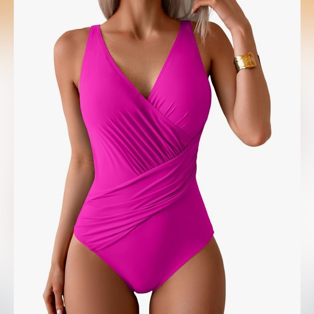 Eomenie Tummy Control Bathing Suit V Neck Swim Suit Ruched Criss Cross Swimwear - Picture 10 of 13